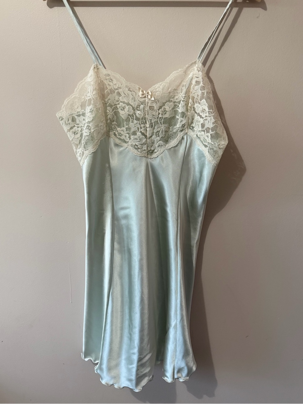 La Vie En Rose Vintage Satin Slip Dress Pale Mint with Cream Lace - Size Medium